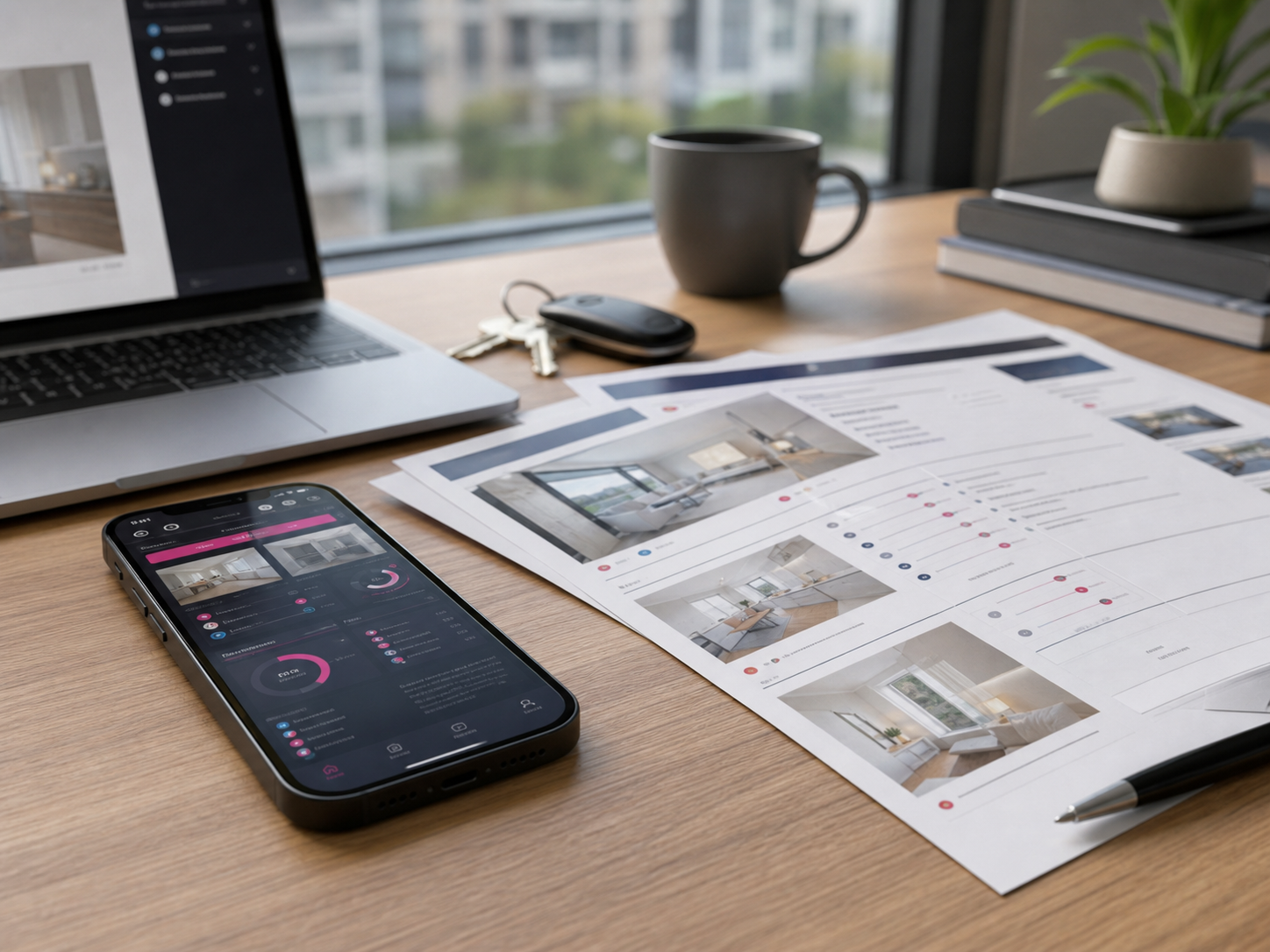 Phone and property inspection report documents on a desk